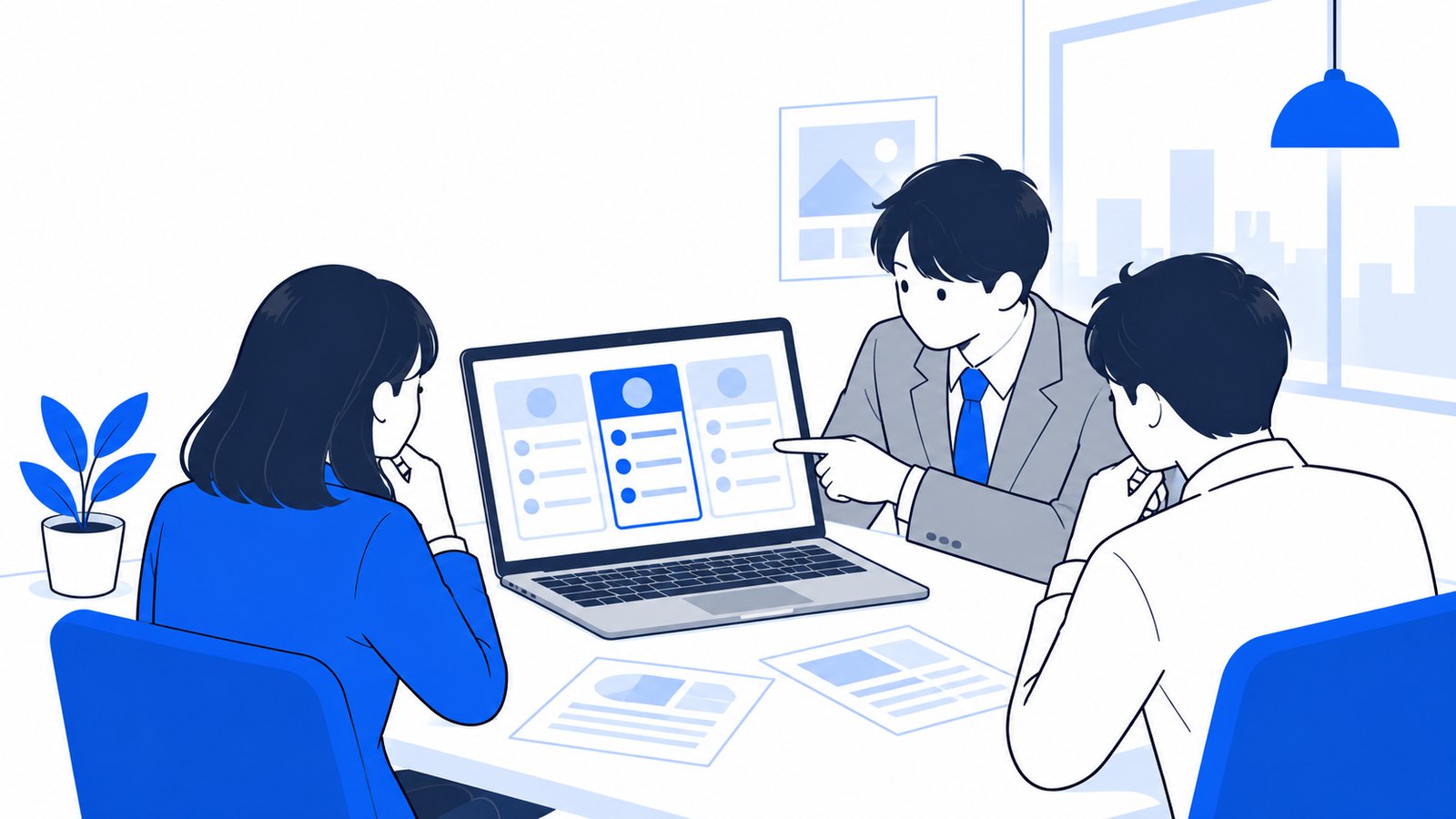 料金プランのカードを見比べながら相談する会社員