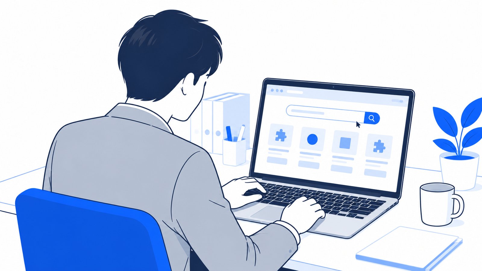 会社員がノートPCで拡張機能の検索欄にClaude Codeと入力している手元を肩越しに見た場面