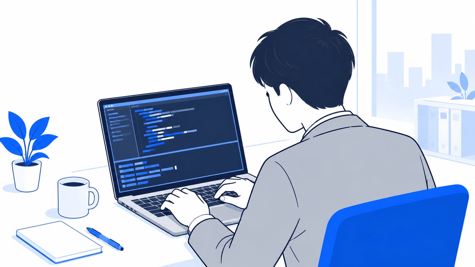 ノートPCのエディタの下側にあるターミナル欄に、会社員がコマンドを入力している様子