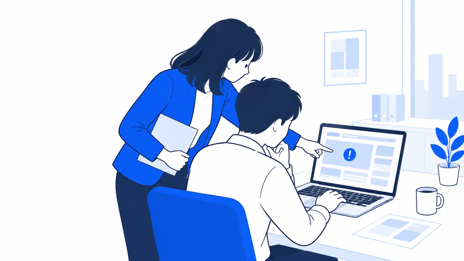 ノートPCの画面を指さしながら、うまく動かない原因を探す二人の会社員