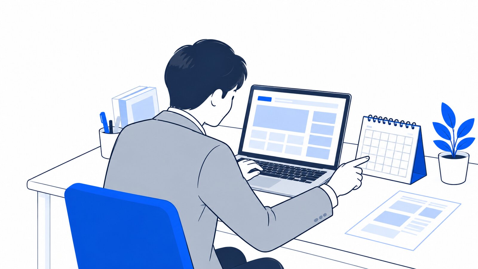 事務所でノートPCの補助金サイトを開き、卓上カレンダーと見比べる経営者