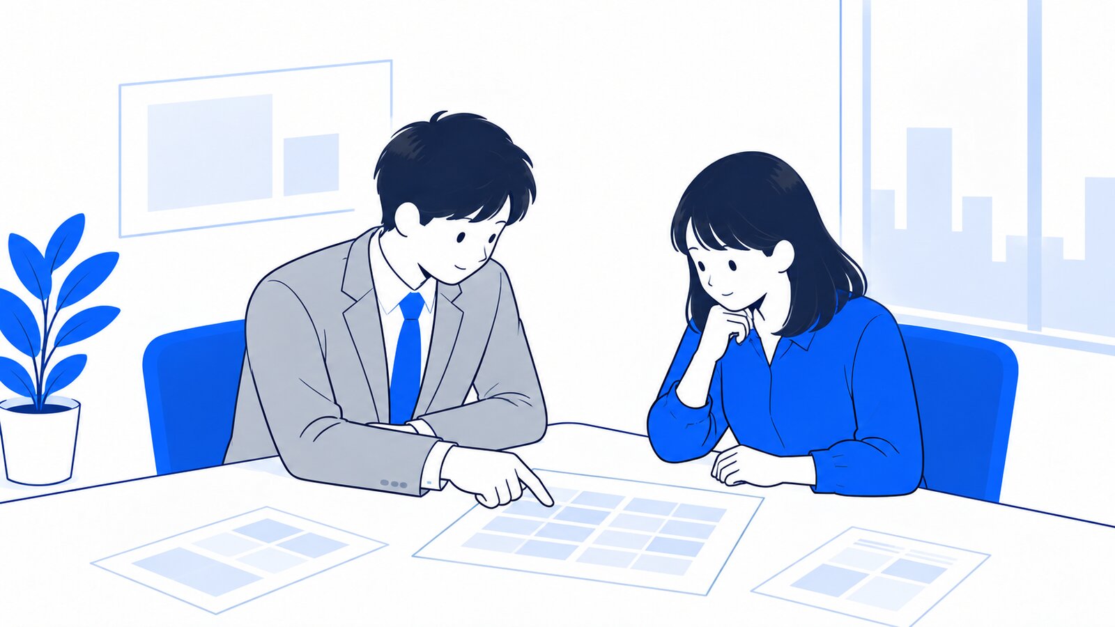 会議室のテーブルで、集計表を見ながら話し合う2人の社員