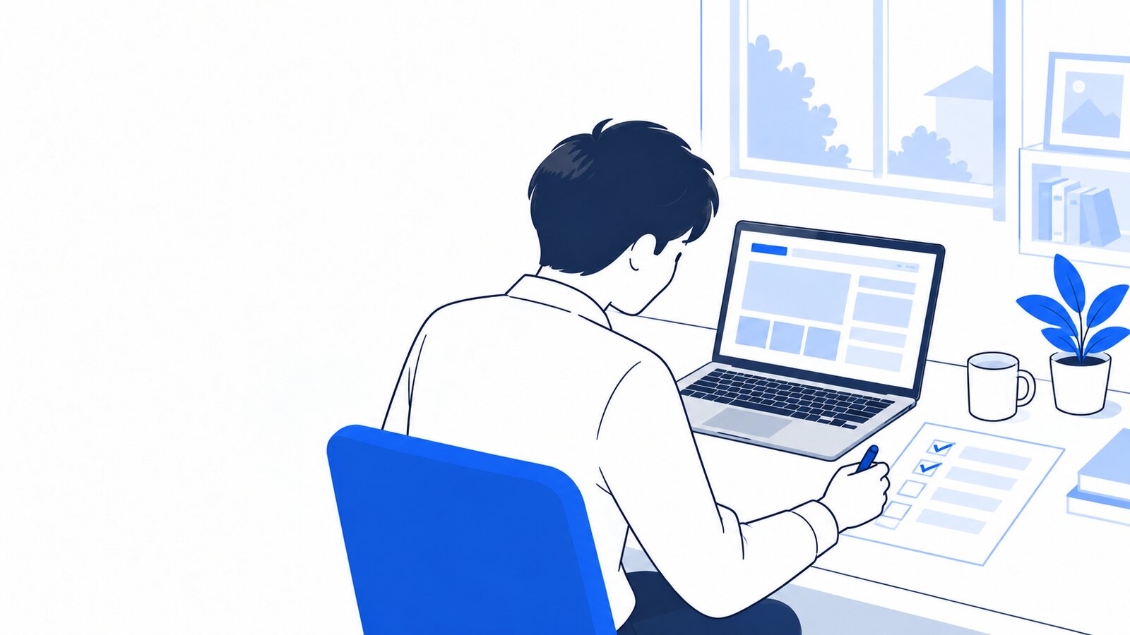 自宅の机でノートPCに向かい、手続きのチェックリストに印をつける個人事業主