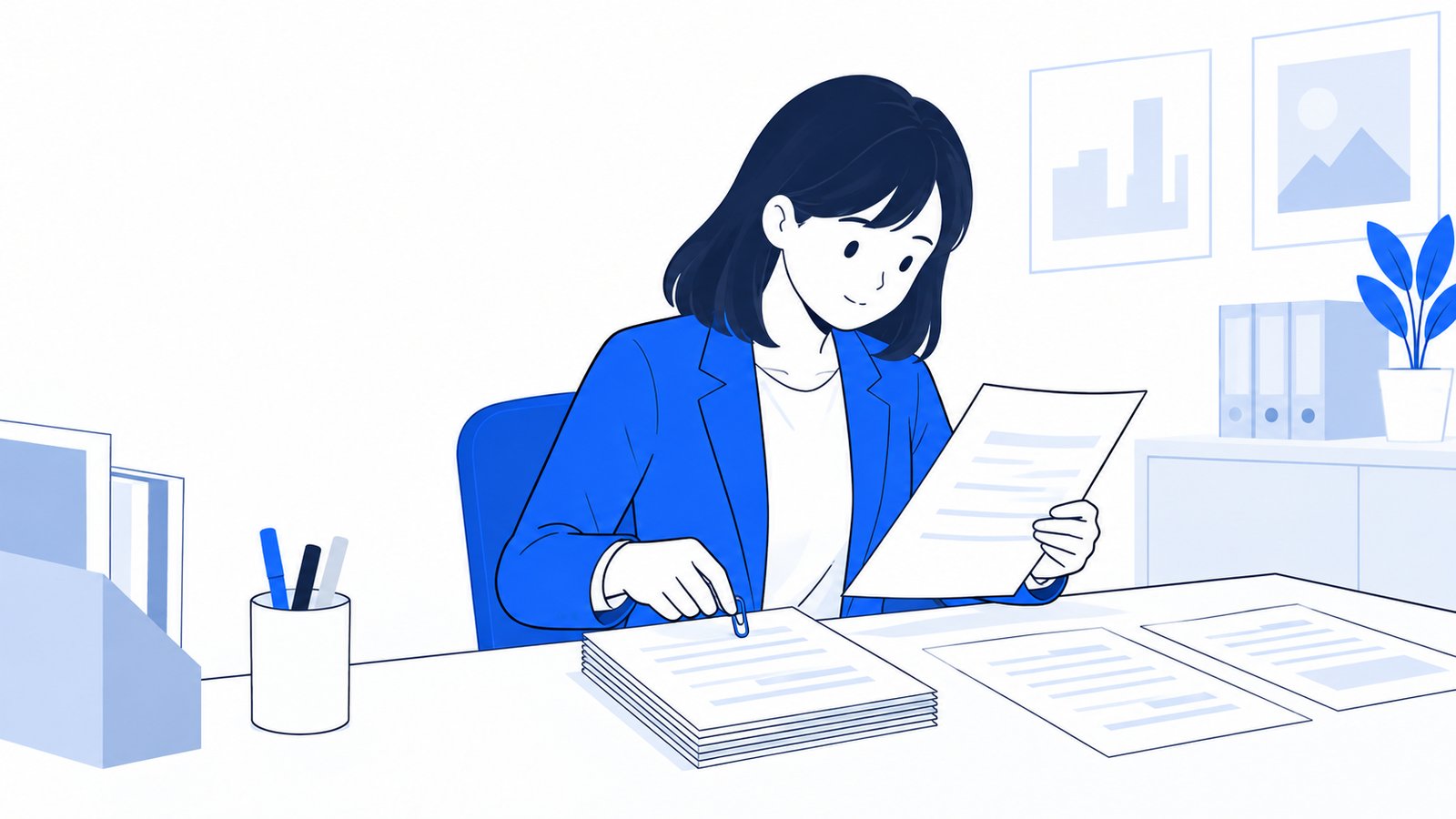 机に並べた書類を一枚ずつ確認して、クリップでまとめる経理担当者