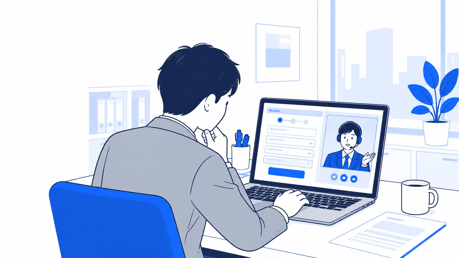 事務所でノートPCの入力画面を見ながら、IT導入支援事業者の担当者とオンラインで打ち合わせをする経営者。画面は経営者の方を向いている