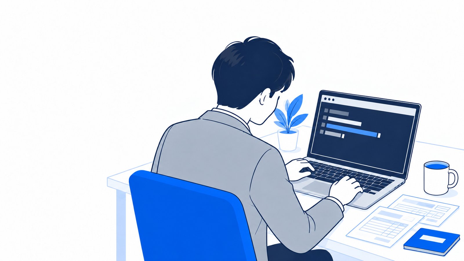 事務所のデスクで、請求書と通帳を並べながらノートPCで報告書類を整える経理担当者