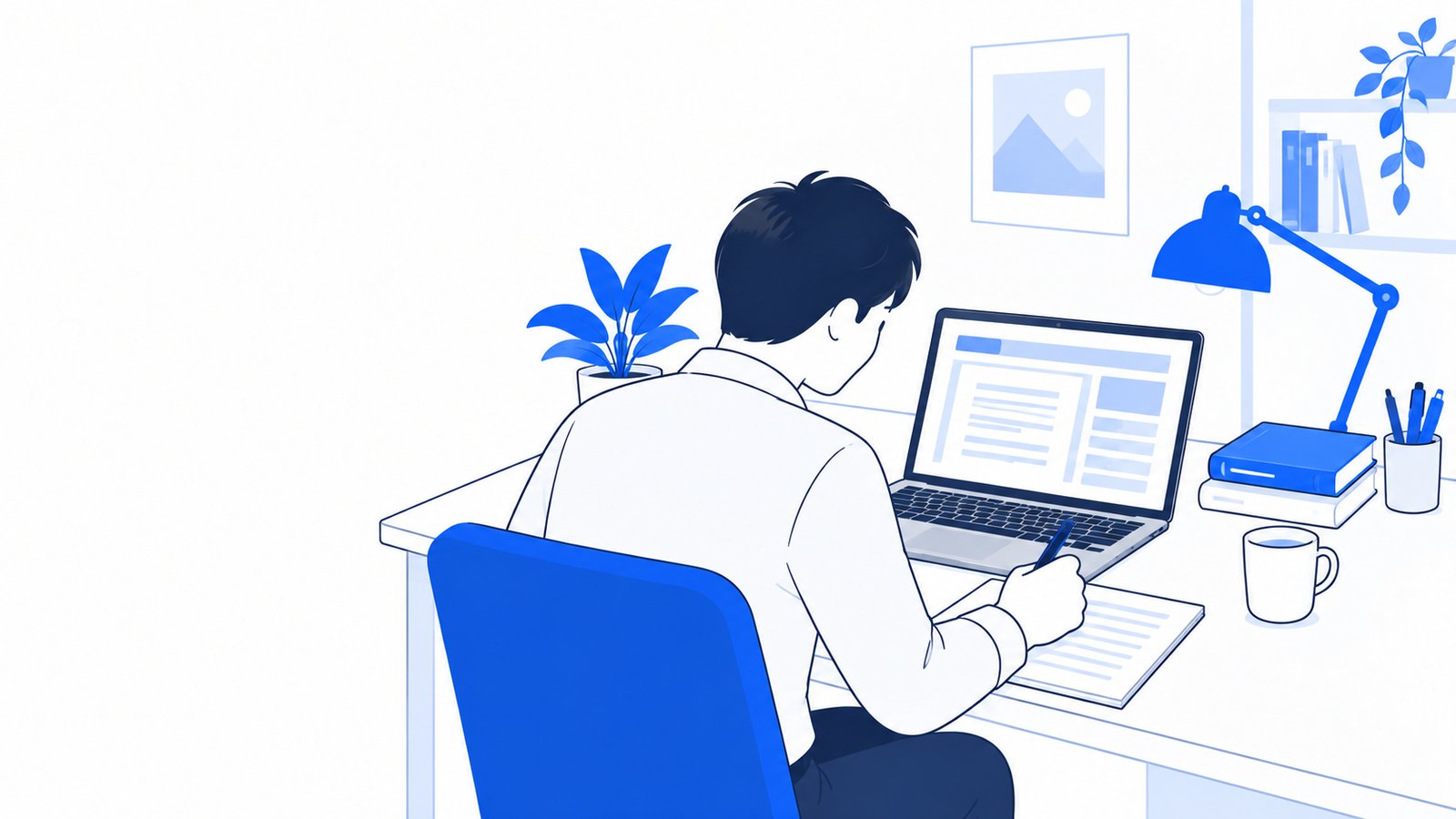 自宅兼事務所の机でノートPCを開き、補助金の公募要領を読みながらメモを取る個人事業主