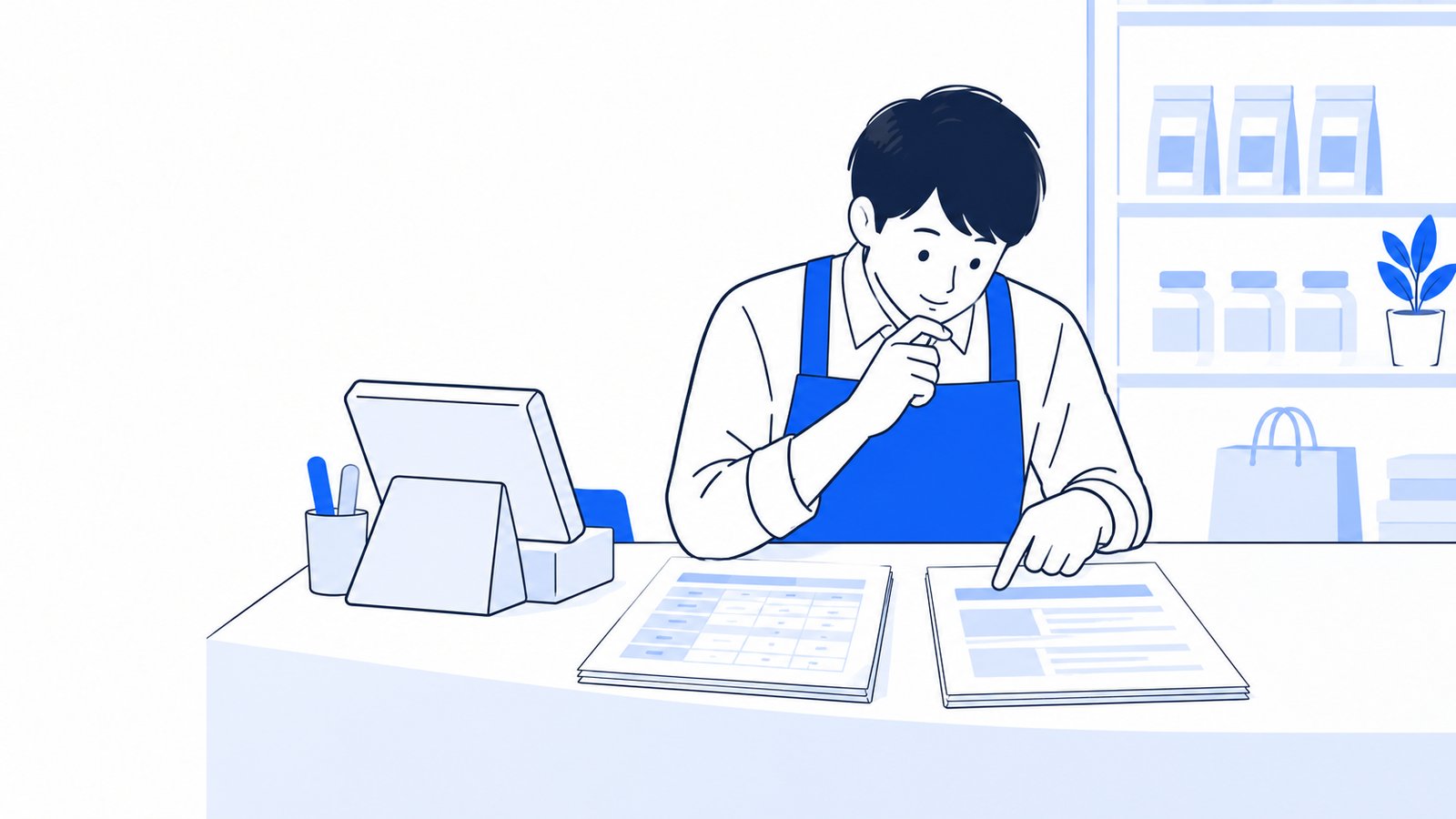 小さな店舗のカウンターで、従業員名簿と公募要領を見比べながら条件を確かめる店主