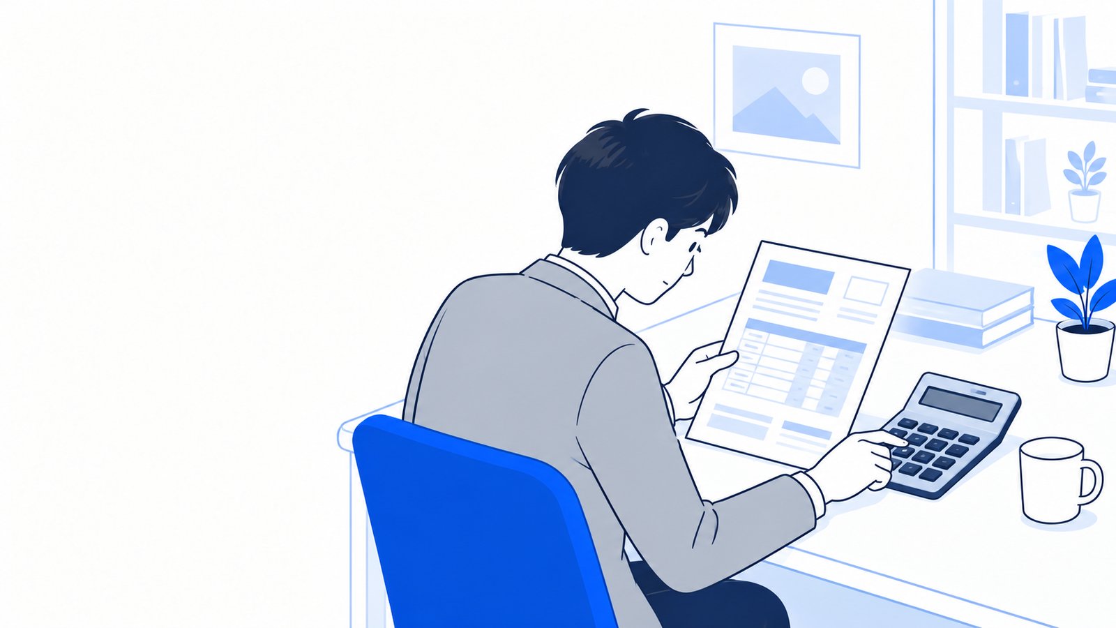 机の上で電卓と見積書を並べ、補助金でいくら戻るかを計算する個人事業主