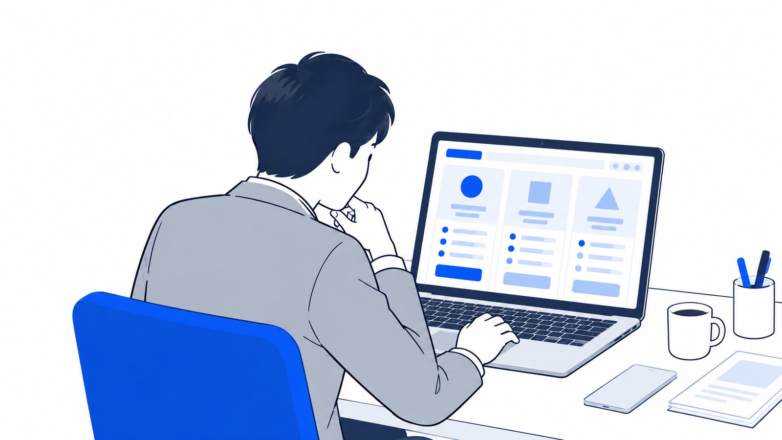 ITツール検索の画面を開いたノートPCの前で、候補のツールを見比べる個人事業主（画面は本人の側を向いている）