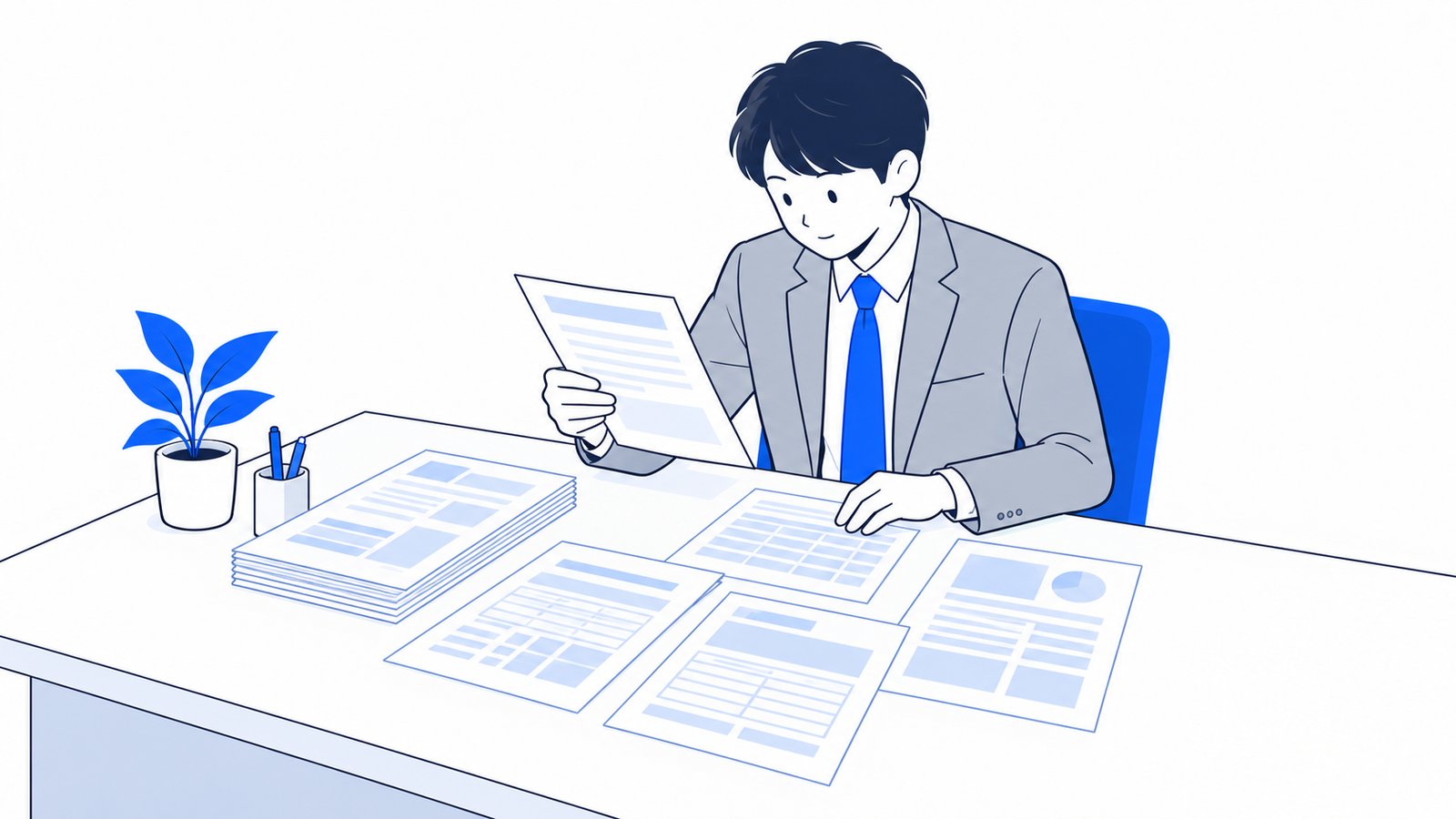 机に確定申告書の控えや納税証明書を並べ、書類がそろっているか一枚ずつ確かめる個人事業主