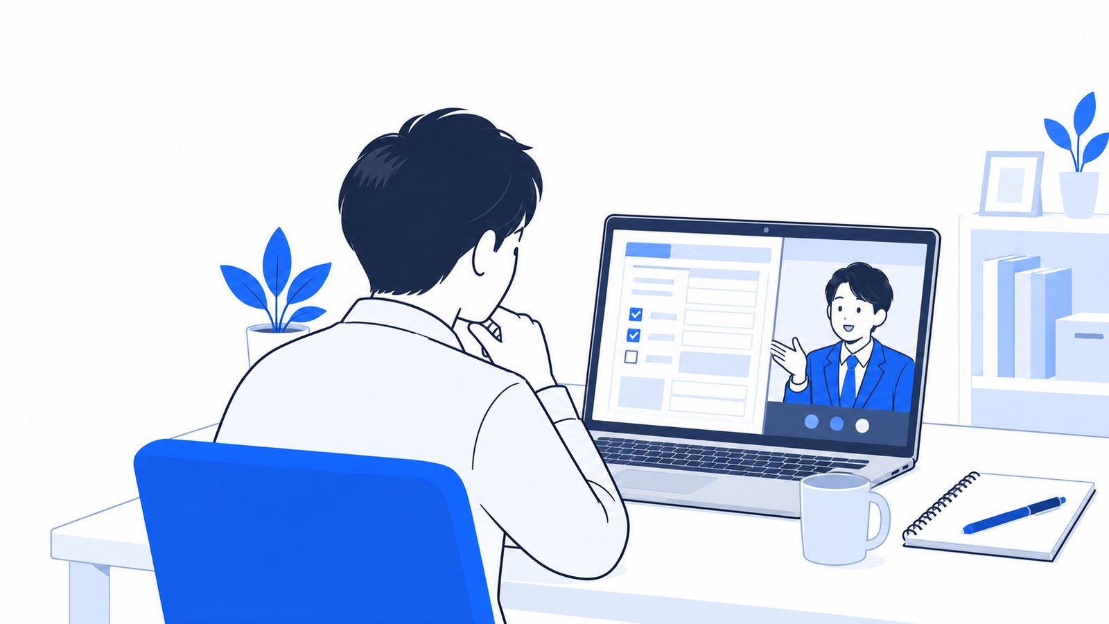 IT導入支援事業者の担当者とオンラインで打ち合わせ、申請内容を画面で確認する個人事業主（画面は本人の側を向いている）