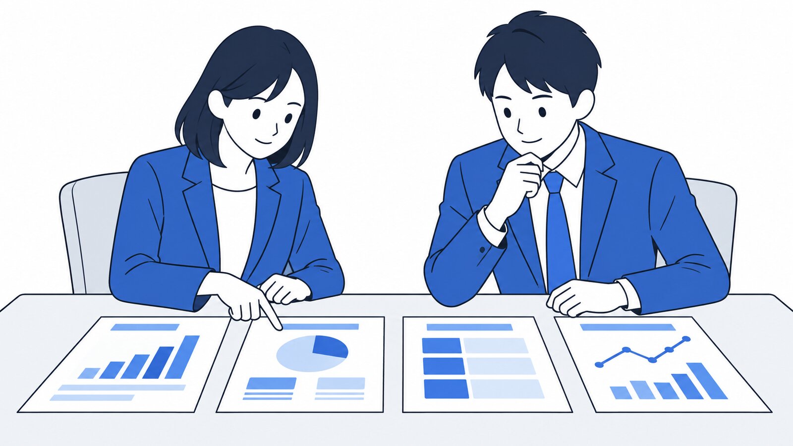 会議室のテーブルで、枠ごとの資料を並べて比べる2人の社員