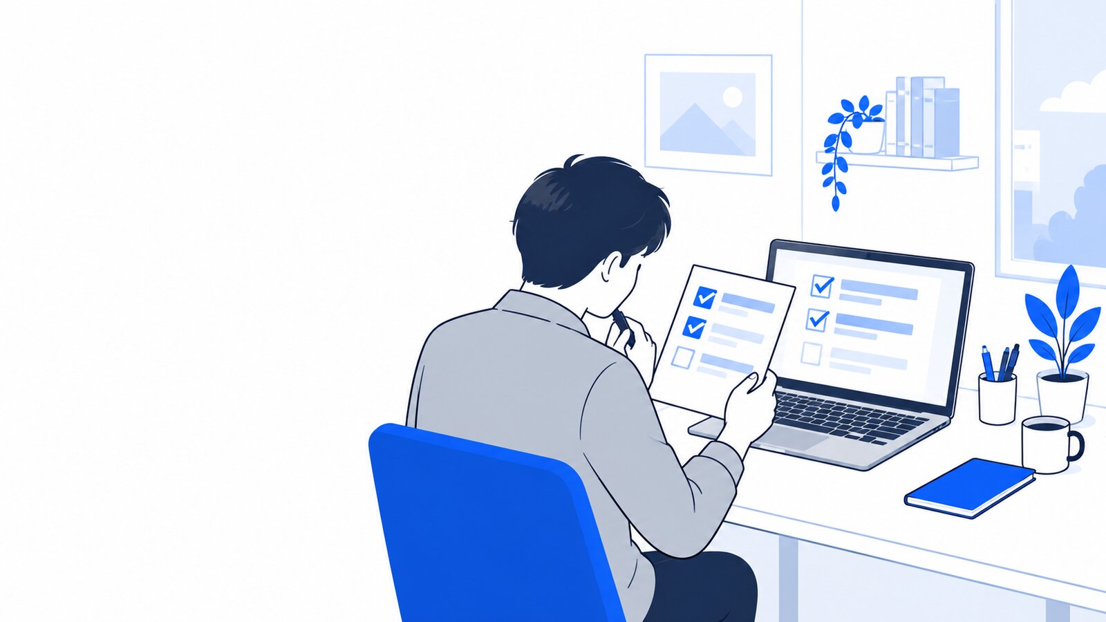 自宅の机でPCに向かい、手続きのチェックリストを確認する個人事業主