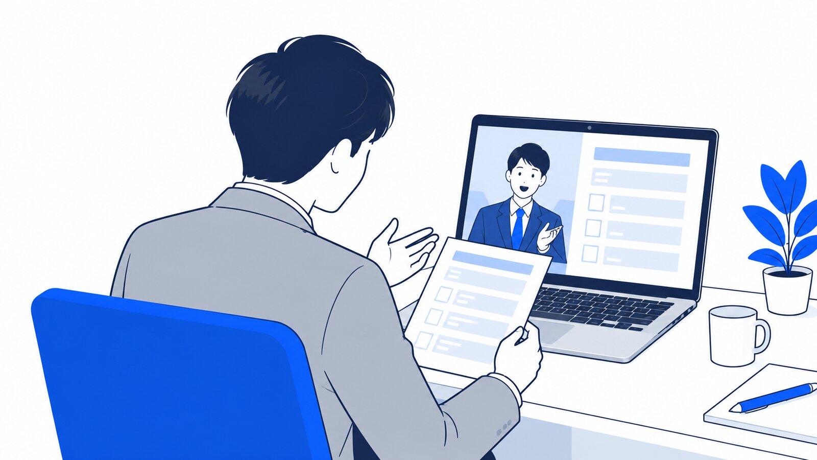 IT導入支援事業者の担当者とオンライン会議で申請内容を確認する経営者。画面は経営者の方を向いている