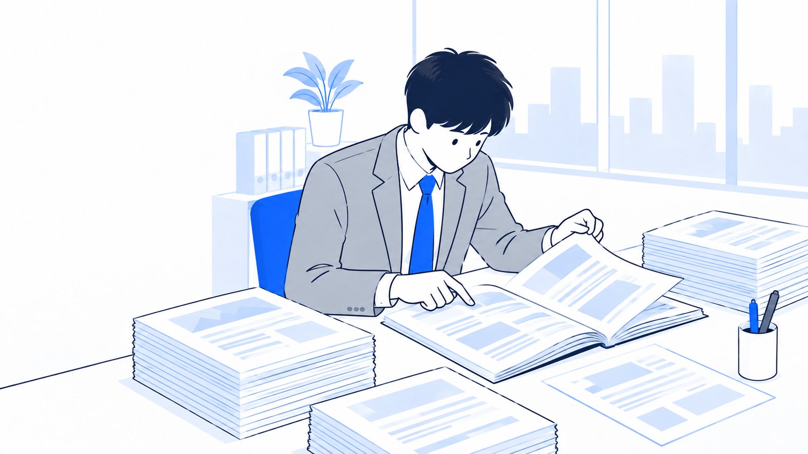 厚い資料の束を机に広げて、要点を確認する会社員