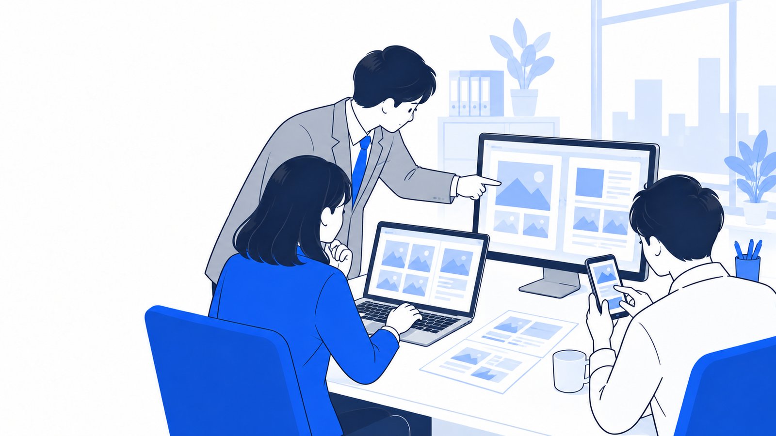 調べもの・資料作成・画像の画面を見比べながら確認する会社員