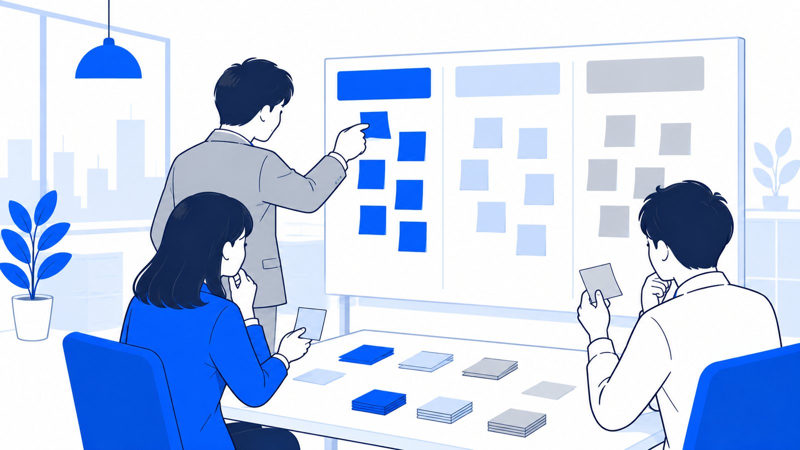 付箋に仕事の種類を書いて、AIごとに仕分けしている会社員
