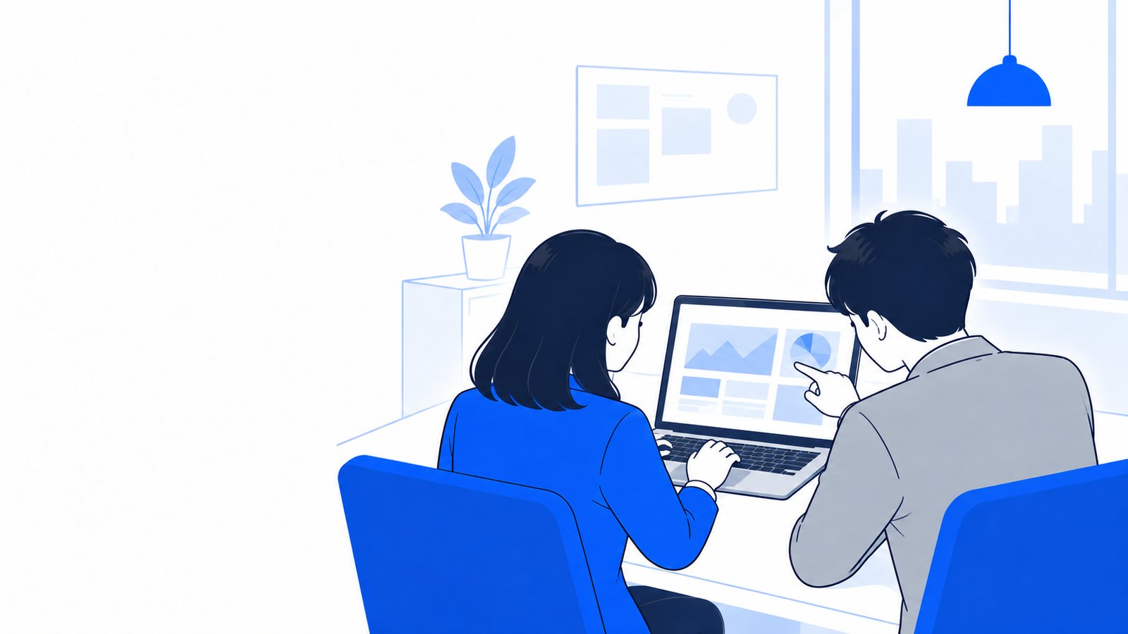 オフィスで同僚同士がノートPCを見ながら生成AIの使い方を相談する会社員