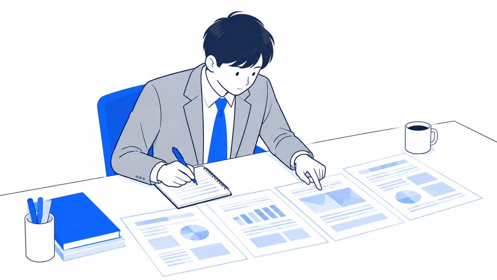 机に並べた資料を読み比べながらメモを取る担当者