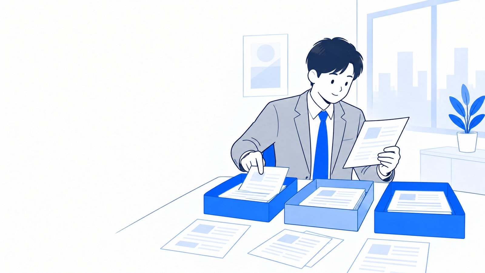 机の上の書類を3つの箱に仕分けている会社員