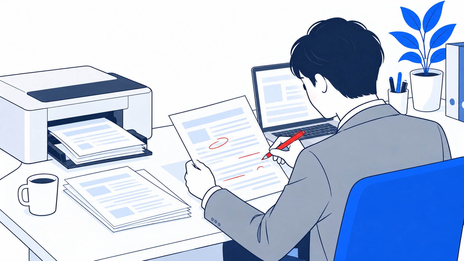 生成された文書を印刷して赤ペンで確認する会社員