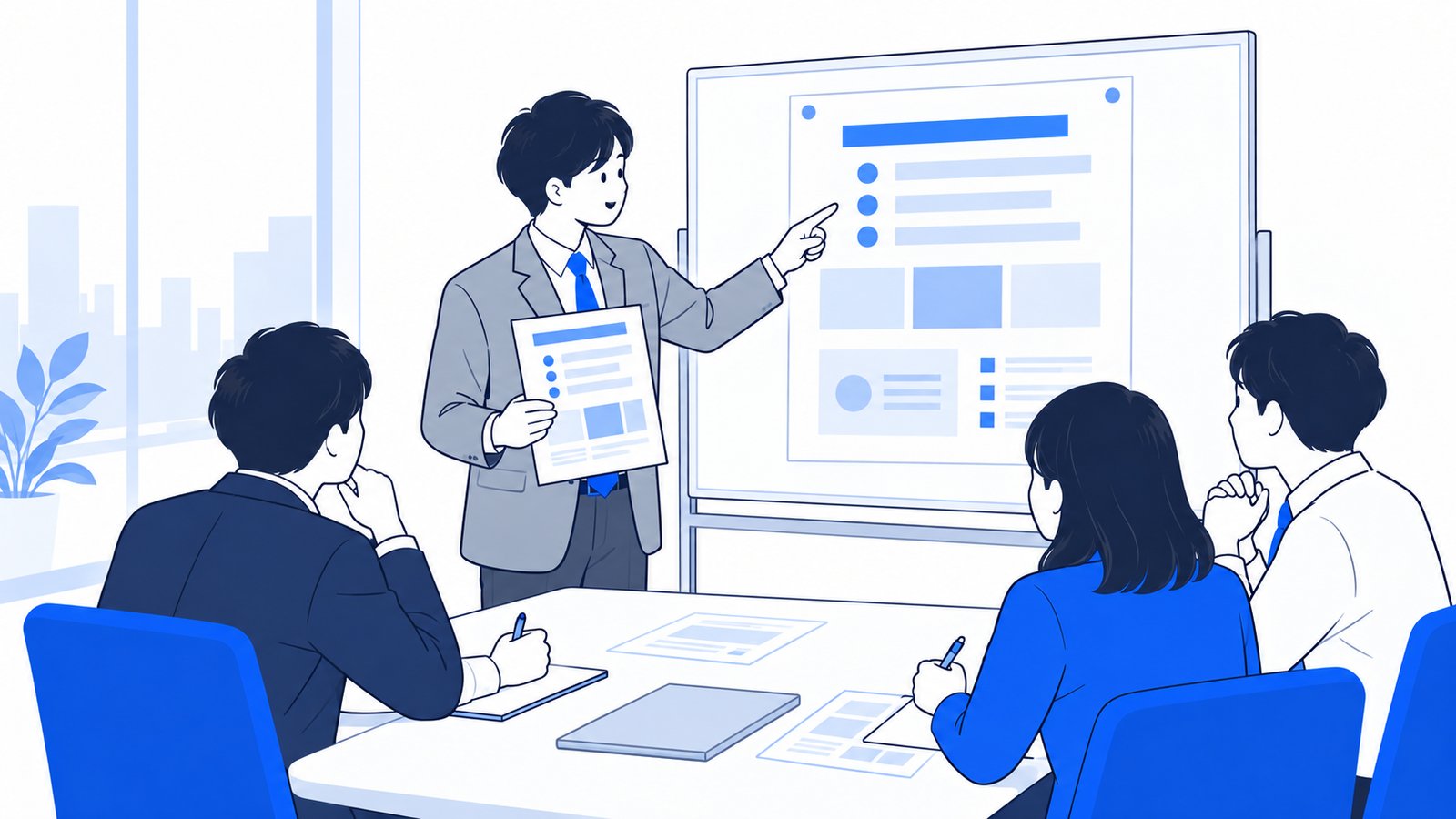 会議室で担当者がルール案の資料を示して説明している