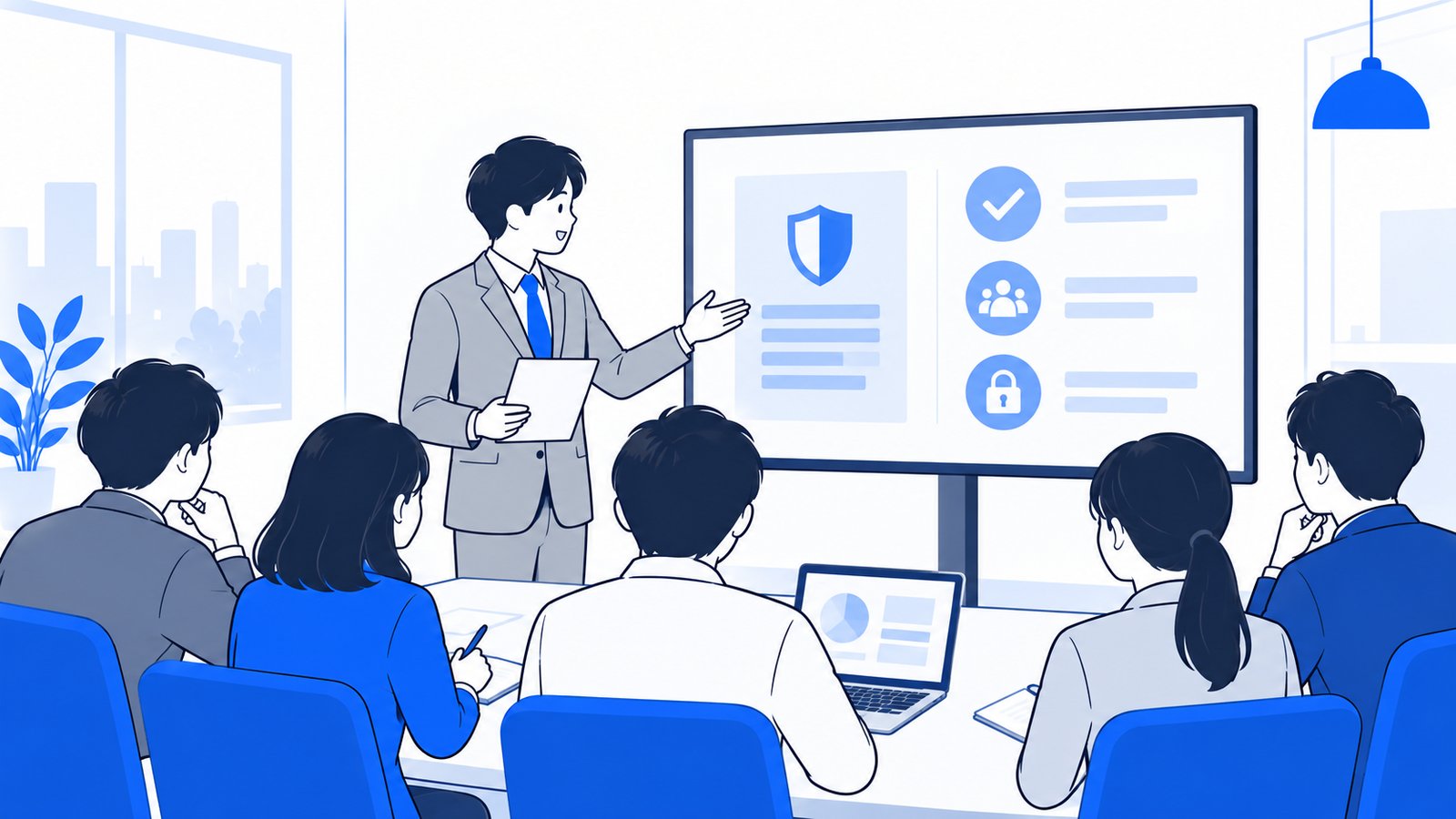 朝礼で社員に生成AIの使い方のルールを説明している