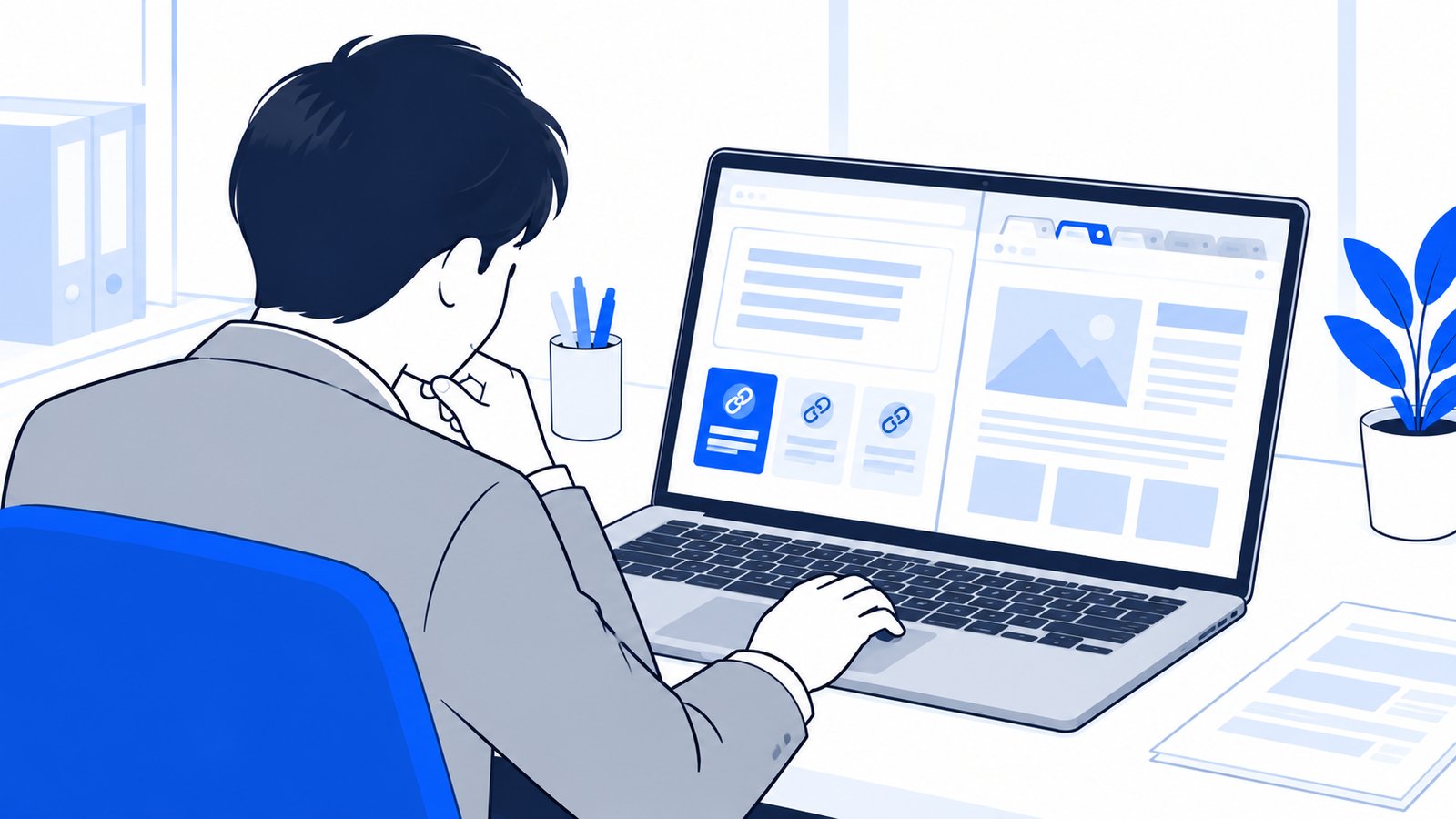 ノートPCでAIの回答を読み、引用元に並んだサイトを一つずつ開いて確かめる担当者