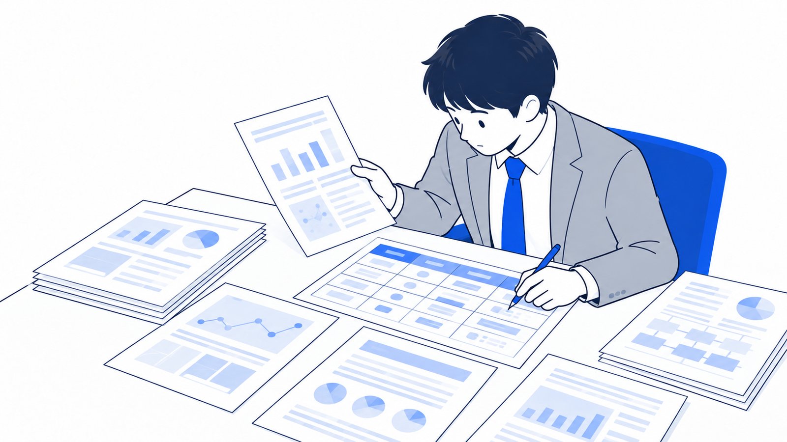 机に論文の資料を広げ、試した方法と結果を表に書き写している担当者