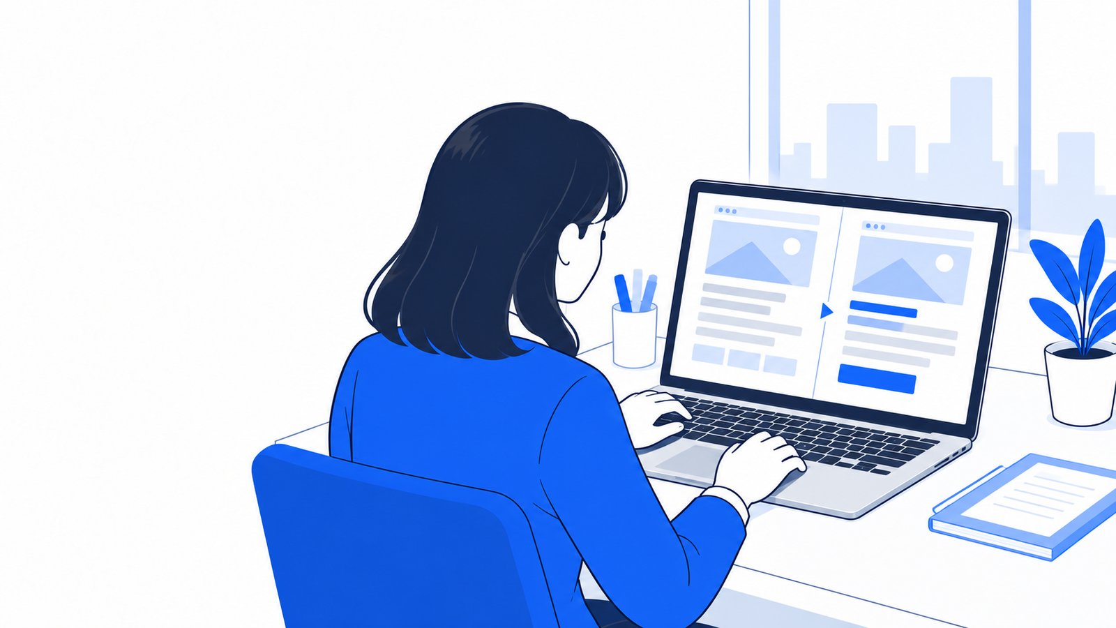 ノートPCでサービスのページの文章を書き直し、前と後を並べて見比べている担当者
