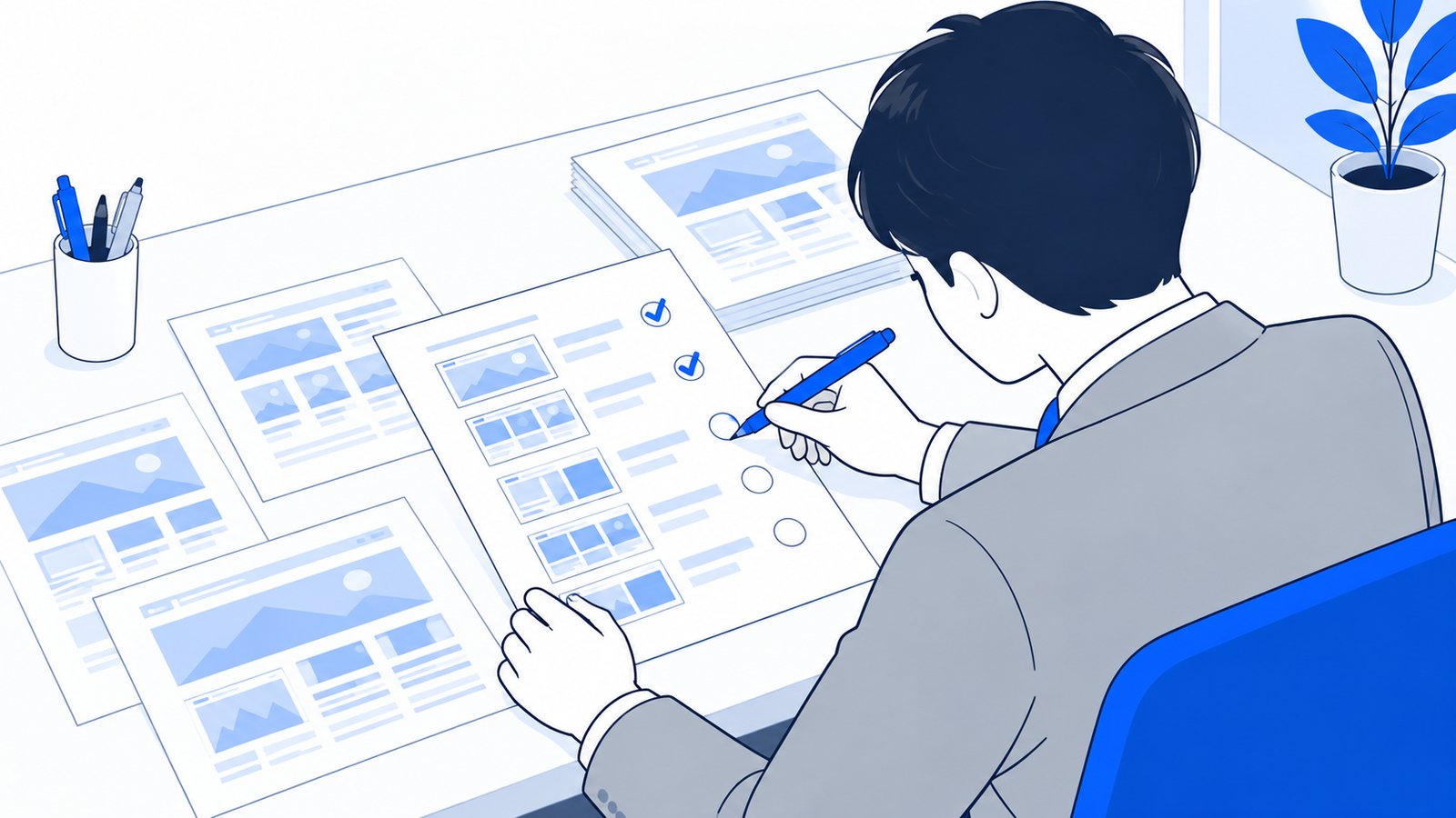 サイトのページ一覧を印刷して、直す順番に番号を書き込んでいる担当者