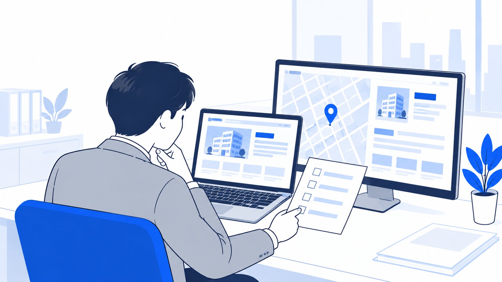 地図サービスやポータルサイトに載っている会社の情報を、自社サイトと見比べて確かめる担当者