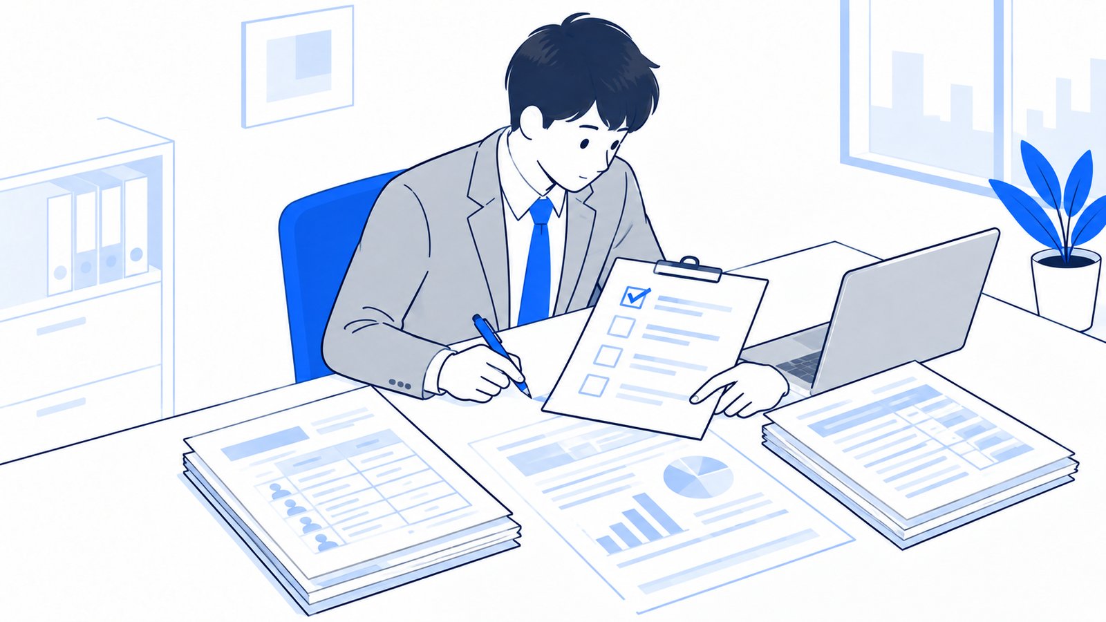 経営者が従業員名簿や決算書類を机に並べて、申請できる条件を一つずつ確認している場面