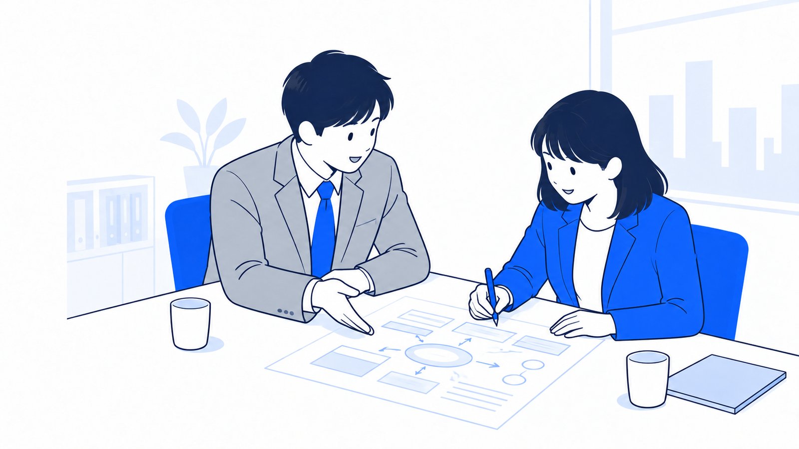 経営者と担当者が、ホームページの目的を紙の上に書き出しながら話し合っている場面