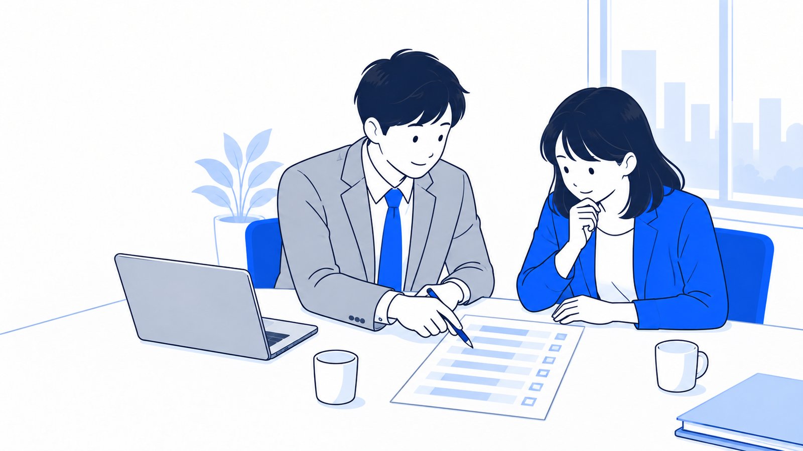 経営者が制作会社の担当者と、見積書の内訳を一行ずつ確認している場面