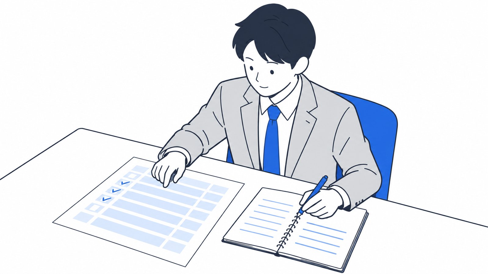 見積書の項目に一つずつ印を付けながら、作業の中身をメモに書き出す担当者