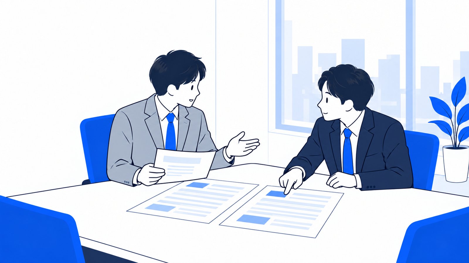 会議室で契約書の条件を読み比べながら、相手の担当者と話す経営者