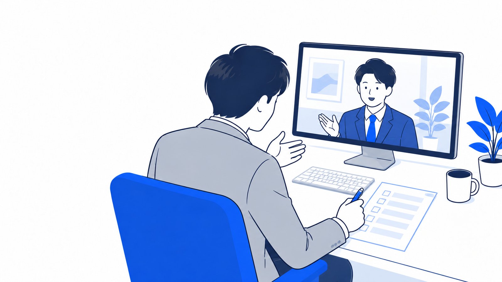 オンライン会議で、質問のリストを手元に置いて相手の会社に確かめている担当者