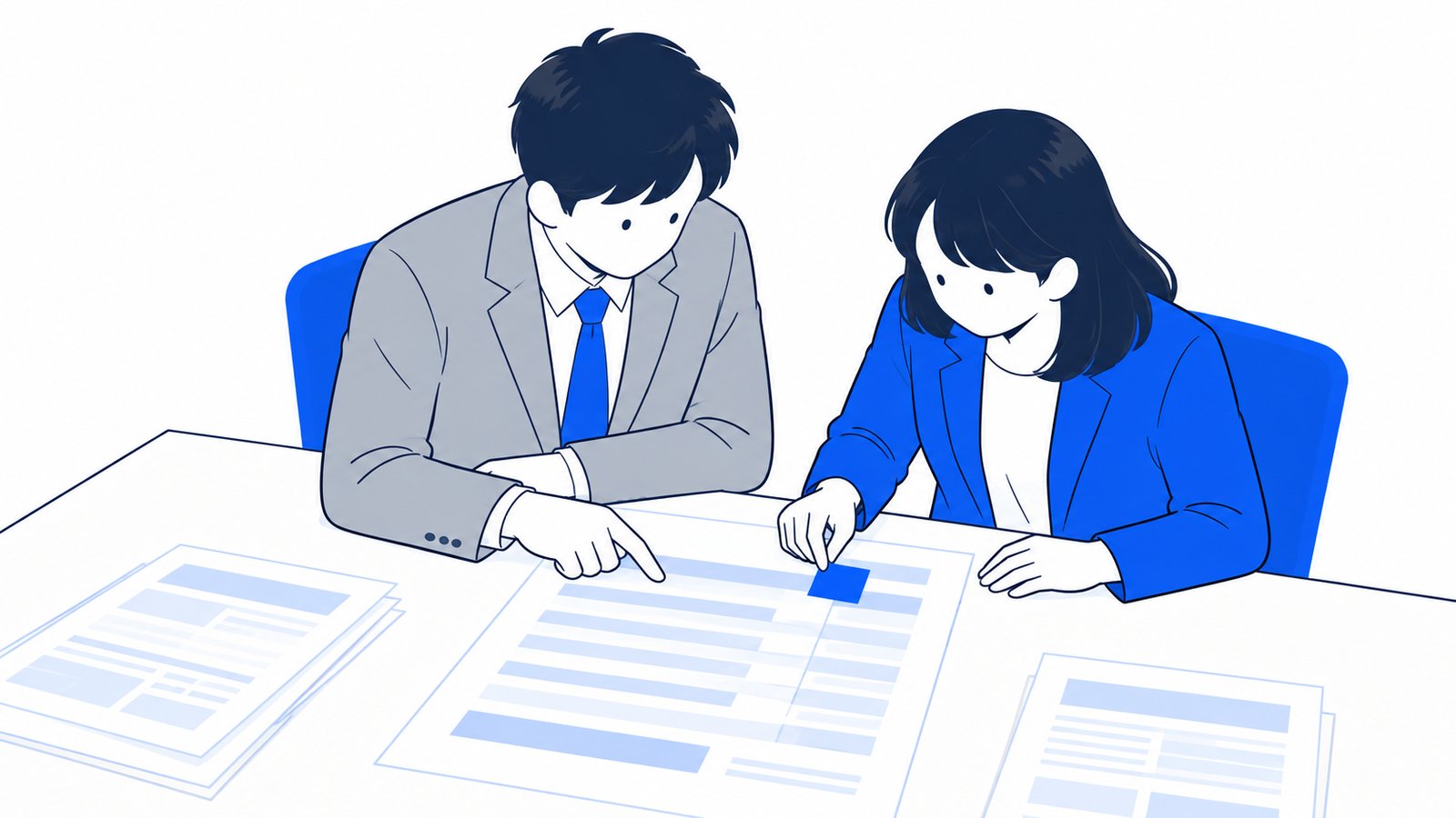 見積書の気になる行に付箋を貼り、上司と一緒に内容を確かめる担当者