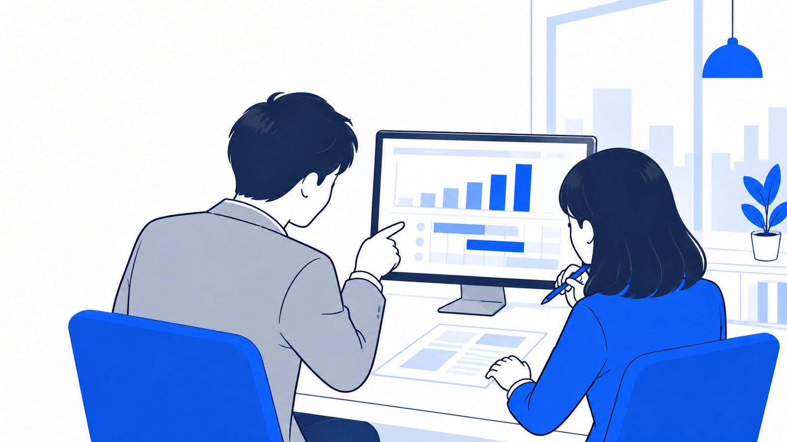 経営者と担当者がPCの画面を見ながら、予算と進め方の計画を話し合っている様子