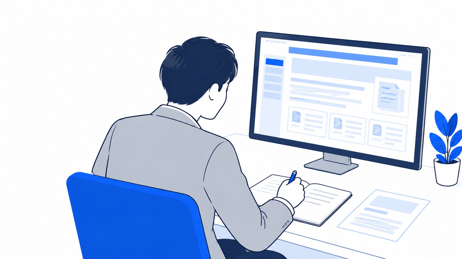 デスクで公式の案内ページを読みながら、メモに要点を書き出す担当者