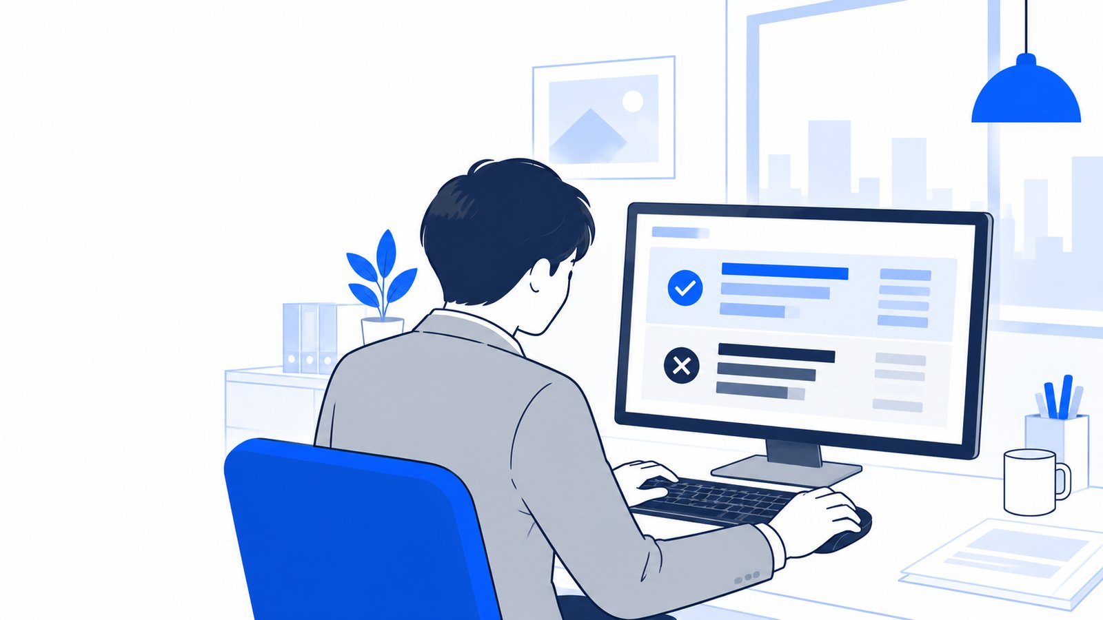 PCで設定ファイルを開き、AIのクローラーの許可と拒否を書き分けている担当者を肩越しに見た様子