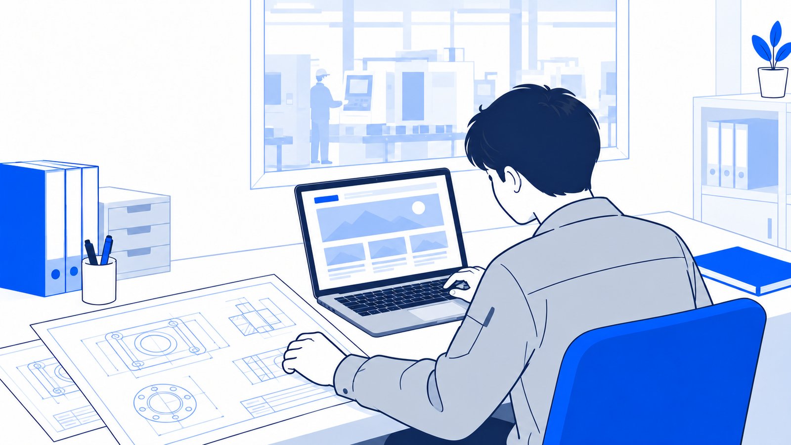 工場の事務所で、担当者がノートPCに表示した自社サイトを見ながら、机の上に置いた図面と照らし合わせている