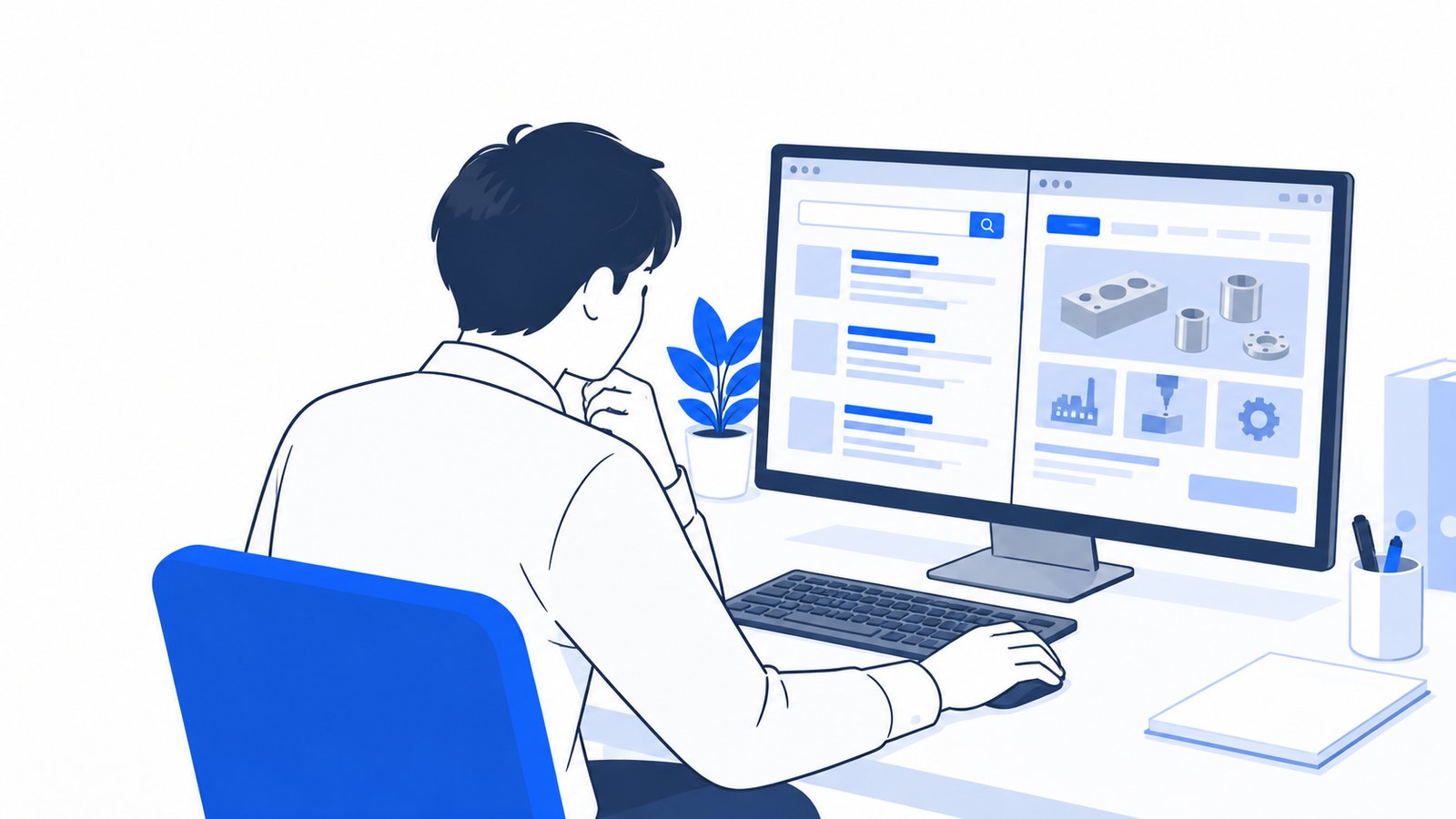担当者がPCに表示した検索結果と、自社の加工ページの画面を見比べている様子を肩越しに見た場面