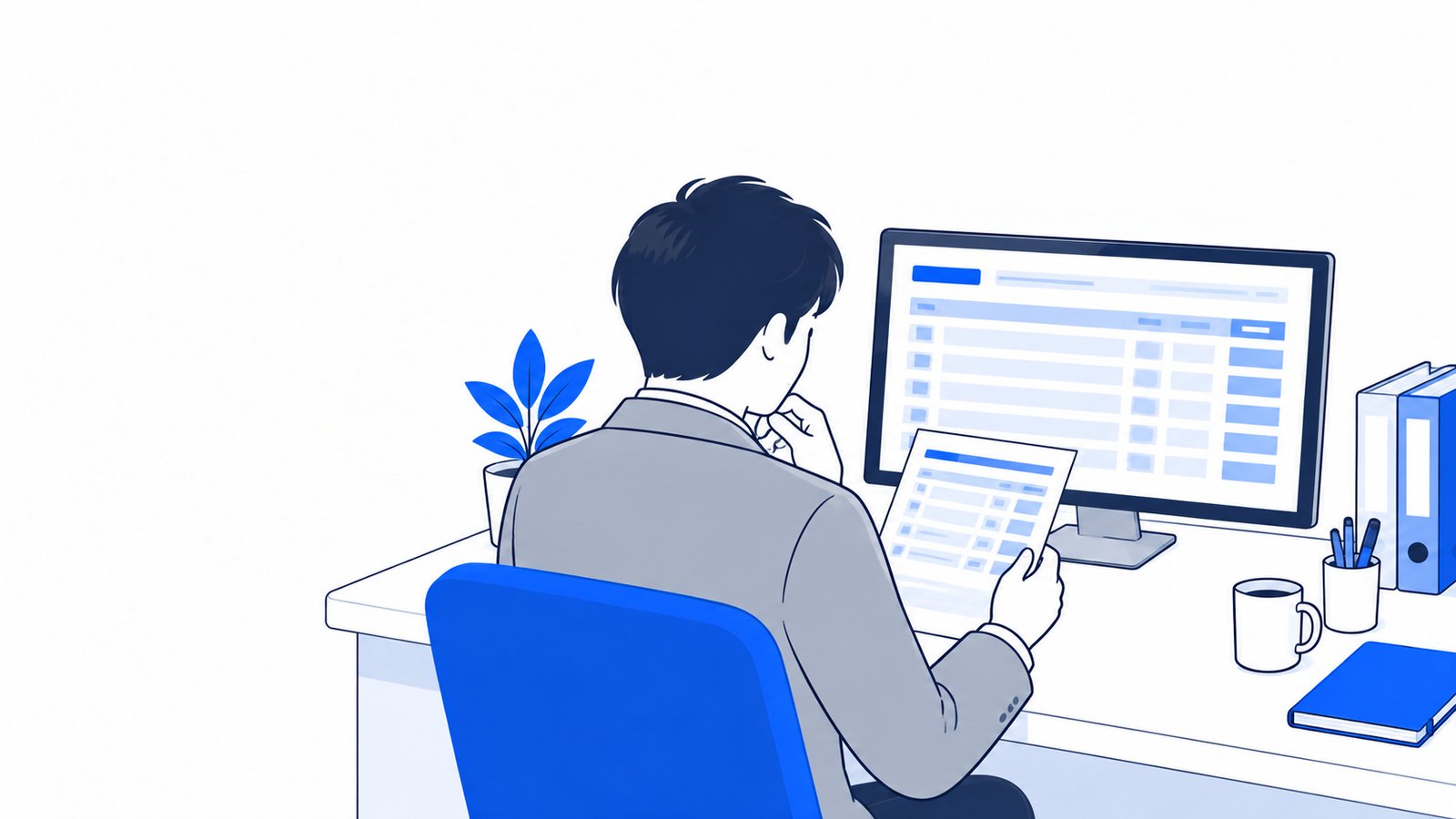 経営者がPCに表示された見積書の内訳を、項目ごとに確認している様子を肩越しに見た場面
