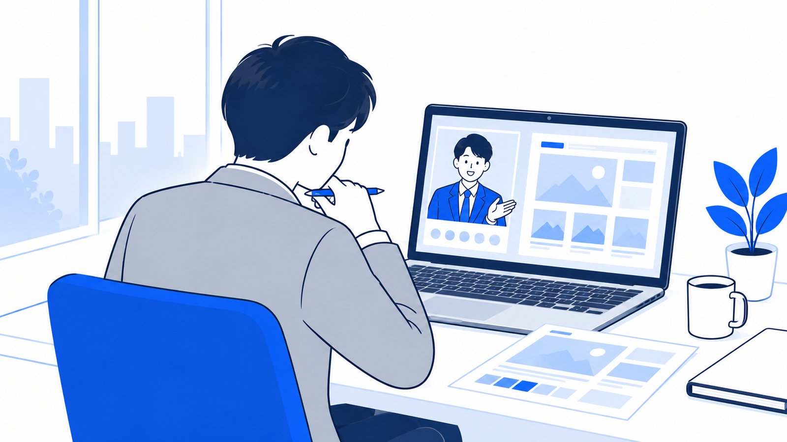 担当者がオンライン会議で、画面に映った制作会社の担当者とデザイン案を確認している
