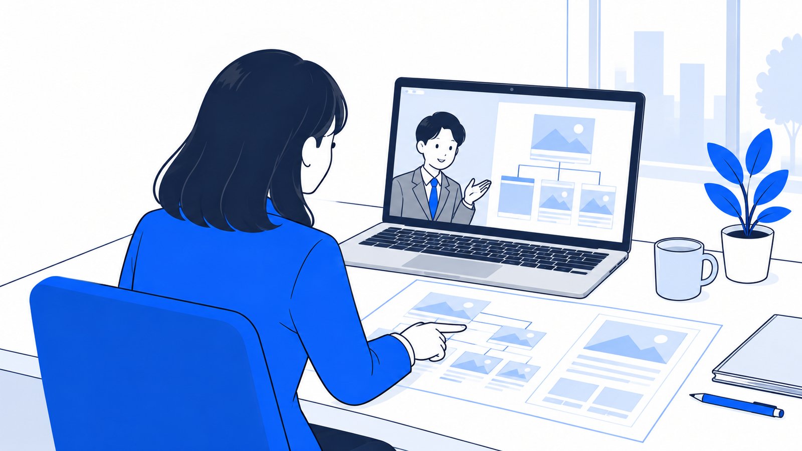 担当者がノートPCで制作会社の担当とオンラインで話しながら、メディアの設計図を確認している