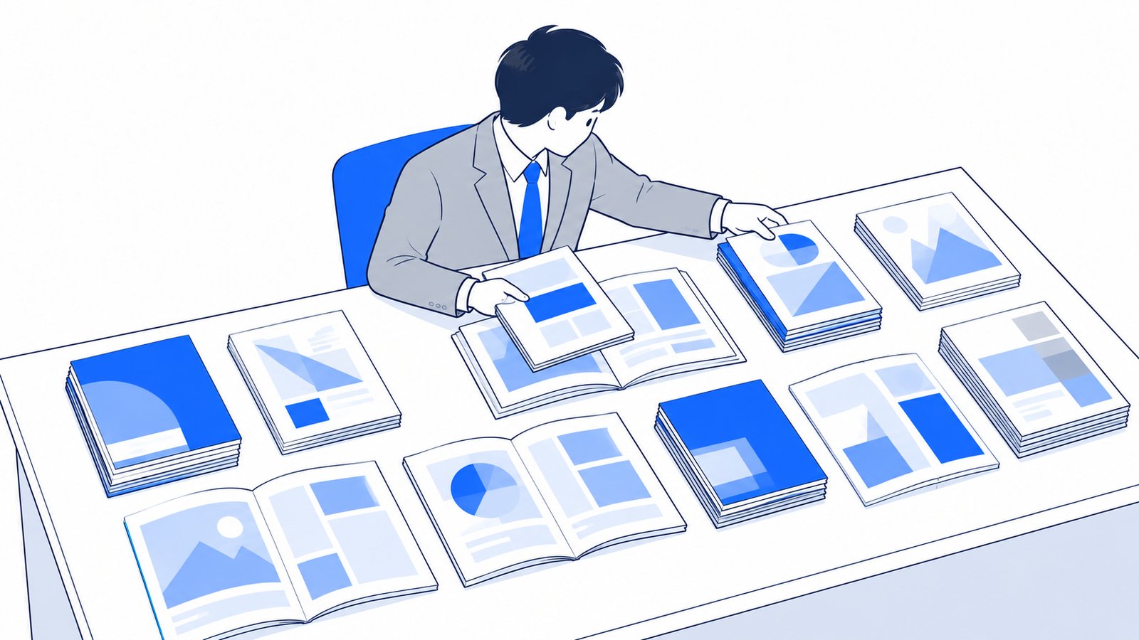 担当者が机の上に何社分もの会社案内を広げ、種類ごとに分けて並べている