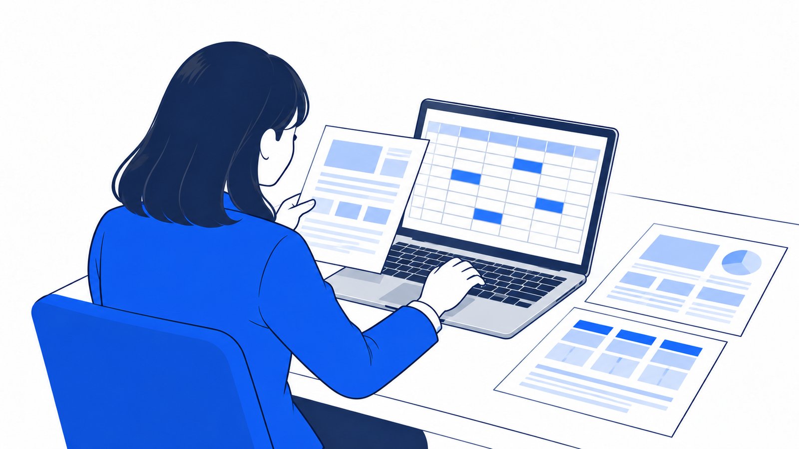 担当者がノートPCの表計算の画面に、各社の提案の内容を書き写している